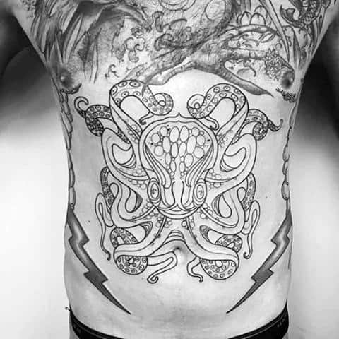Mens Lower Chest Tattoo With Octopus Black Ink Outline Design