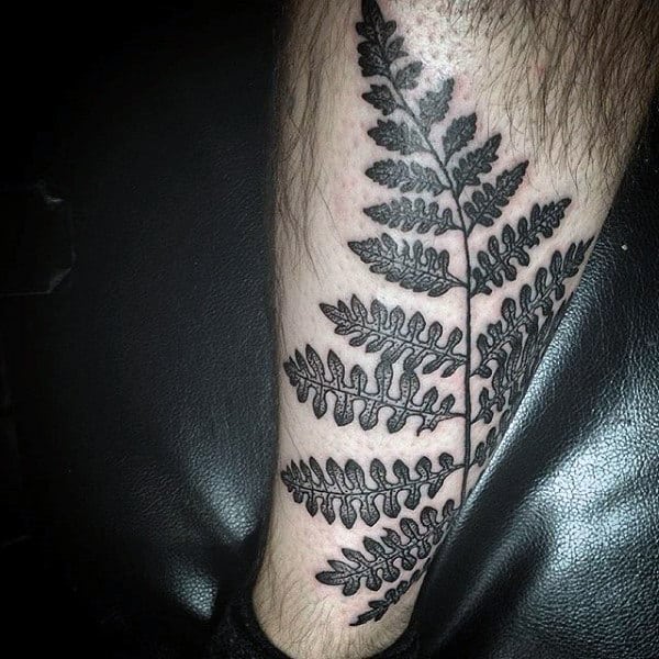 Mens Lower Leg Tattoo Of Fern Plant Leaf