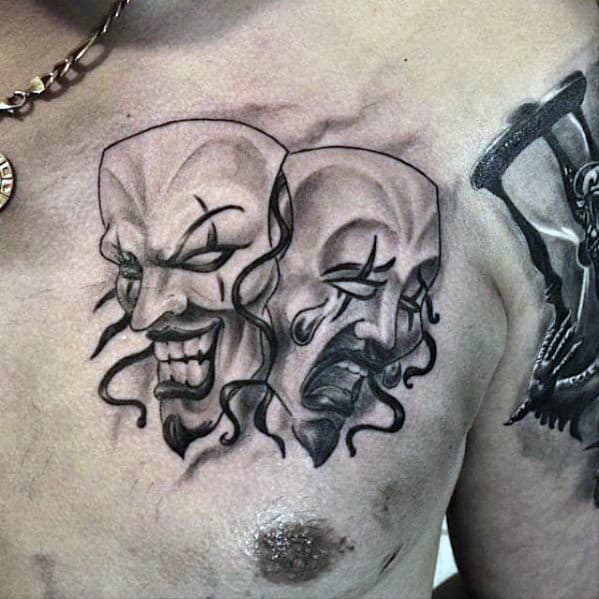Mens Manly Drama Mask Tattoo Designs Upper Chest