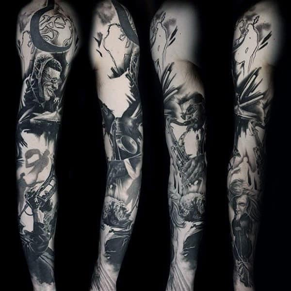 Mens Manly Full Sleeve Shaded Music Themed Tattoo Design Inspiration