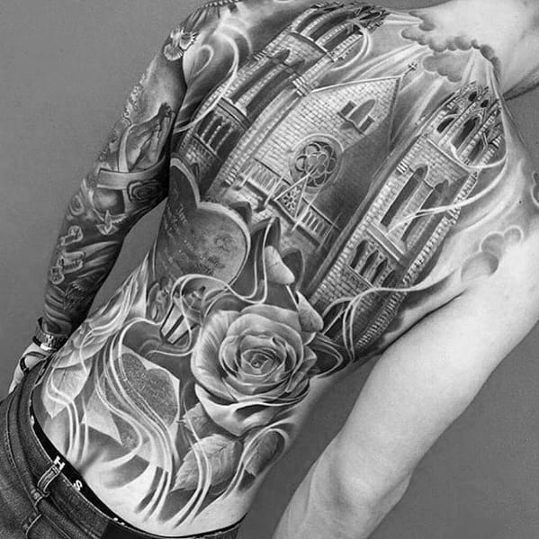 Mens Manly Incredible Chruch Building With Rose Flower Shaded Full Back Tattoo Designs