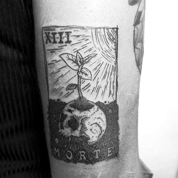 Mens Manly Morte Tarot Tattoo Designs On Outer Arm