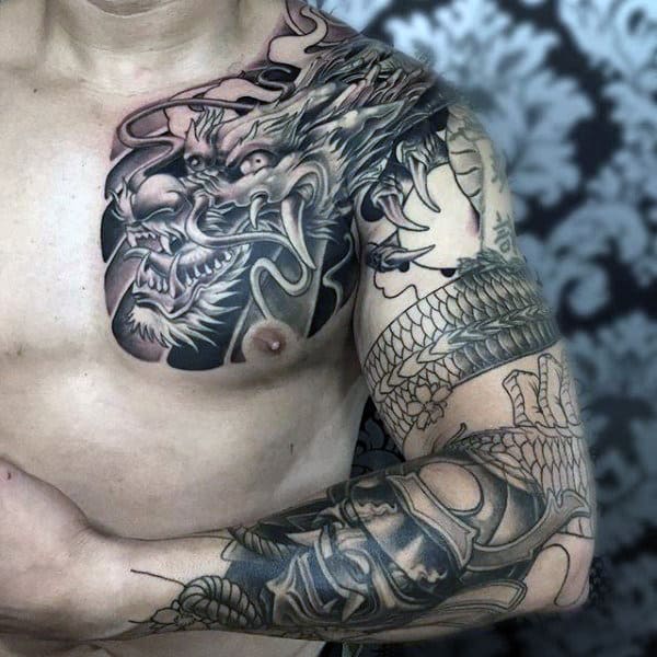 Mens Masculine Full Sleeve And Chest Samurai Mask And Dragon Tattoo