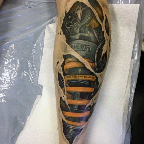 Mens Mechanical Shock Leg Tattoo With Ripped Skin Design