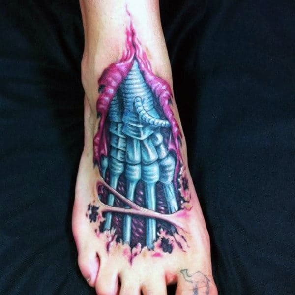 Mens Metallic Bony Hand Tearing Through Skin Tattoo On Foot