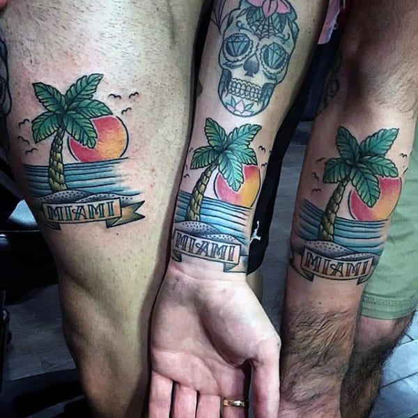 mens miami palm tree with sunset brother tattoos