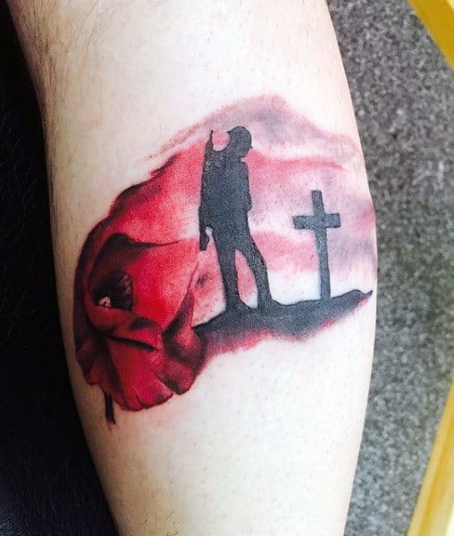 Men's Military Red Cross Poppy Flower Tribute Tattoos