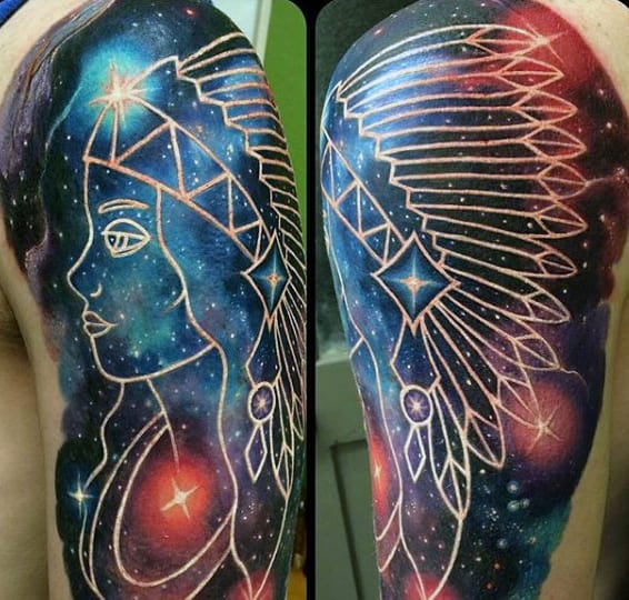 Mens Modern Negative Space Universe Tattoo With Indian Woman Portrait