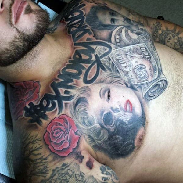 Men's Money Rose Tattoos On Chest