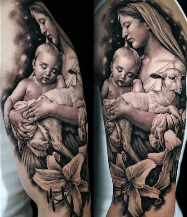 Mens Mother Mary With Baby Jesus Catholic Arm Tattoo