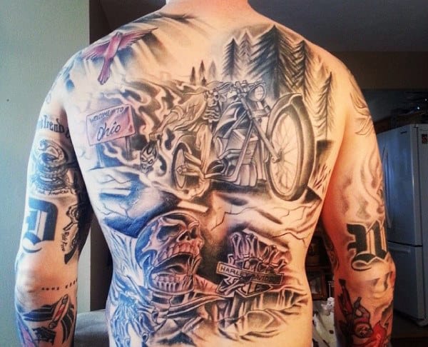 Men's Motorcycle Engine Tattoo Designs On Back