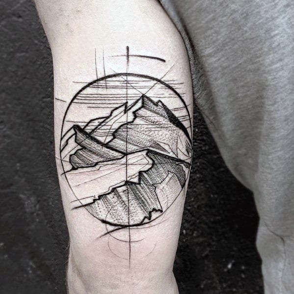 Mens Mountain Landscape Arm Tattoo Sketch Design