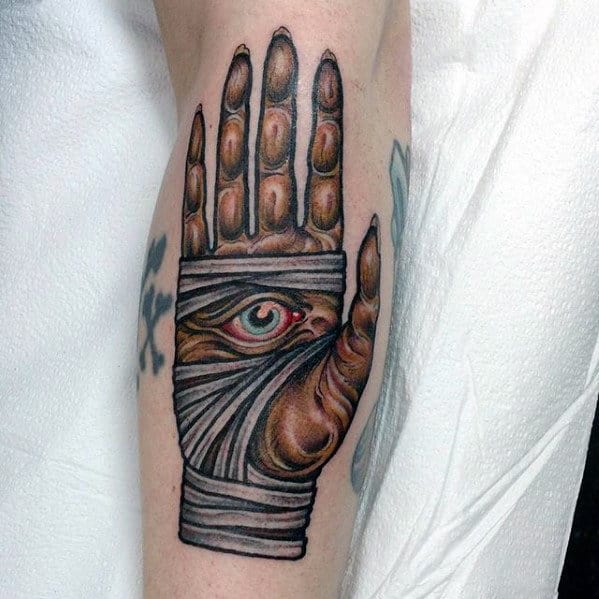 Mens Mummy Hand With Eye Leg Tattoo