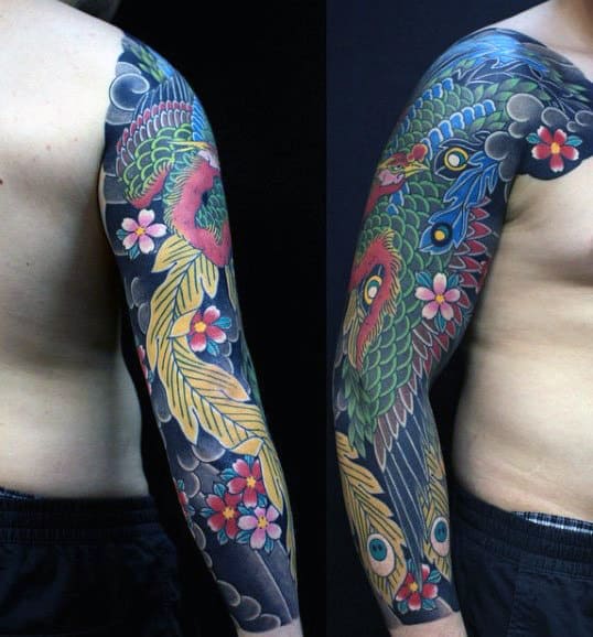 Mens Mythology Phoenix Bird Colorful Japanese Sleeve Tattoo