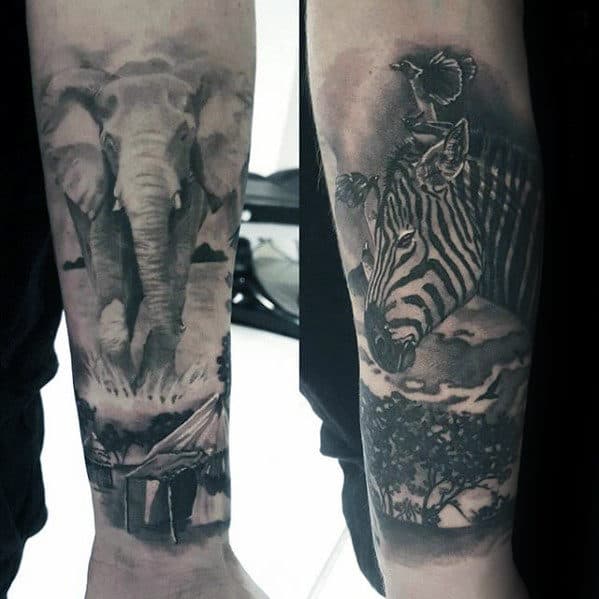 Mens Nature Zebra Forearm Sleeve Tattoo With Shaded Black And Grey Design