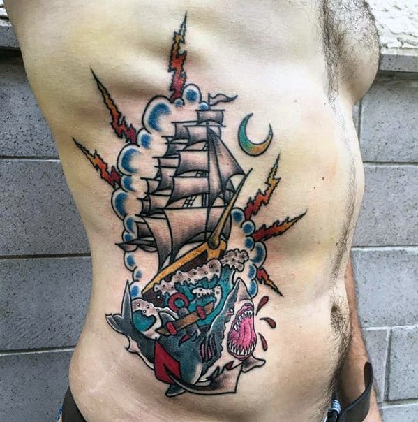 Mens Nautical Rib Cage Side Traditional Shark Tattoo Ideas