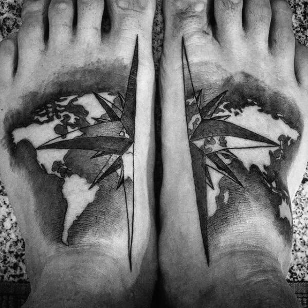 Mens Nautical Star World Map Wanderlust Foot Tattoo Designs