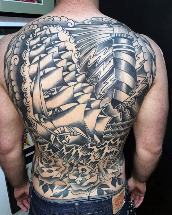 Mens Nautical Traditional Back Lighthouse Tattoos