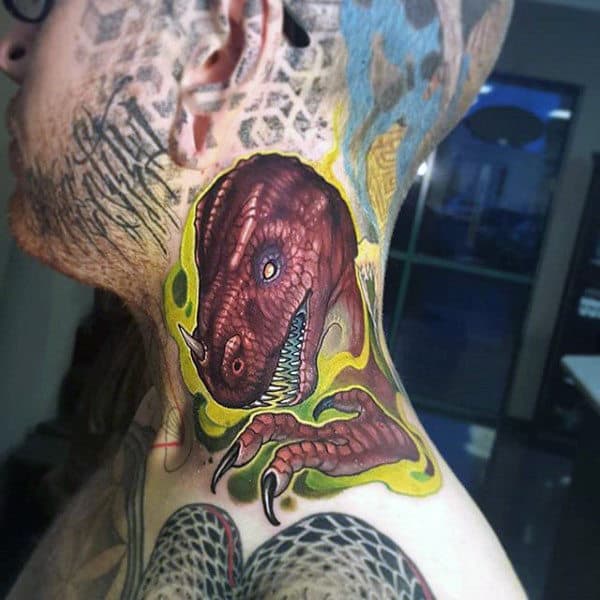 Mens Neck 3D Brown Dinosaur Tattoos