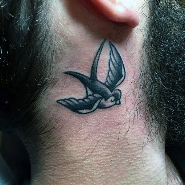 Mens Neck Tiny Gray Sparrow Tattoos