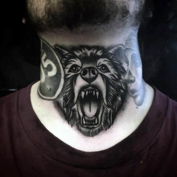 Mens Neck Traditional Tattoo Of Bear