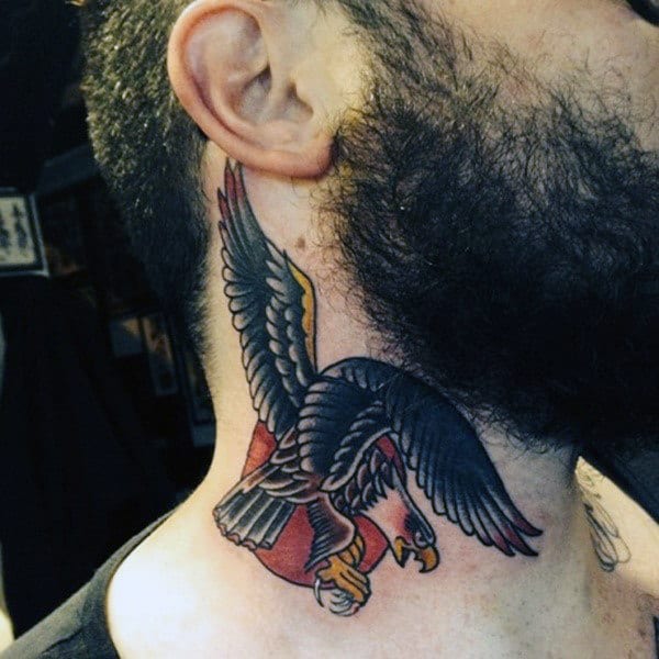 Mens Neck Traditional Tattoo Of Eagle