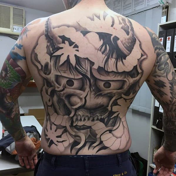 Mens Negative Space Back Japanese Demon Maple Leaf Tattoo Designs