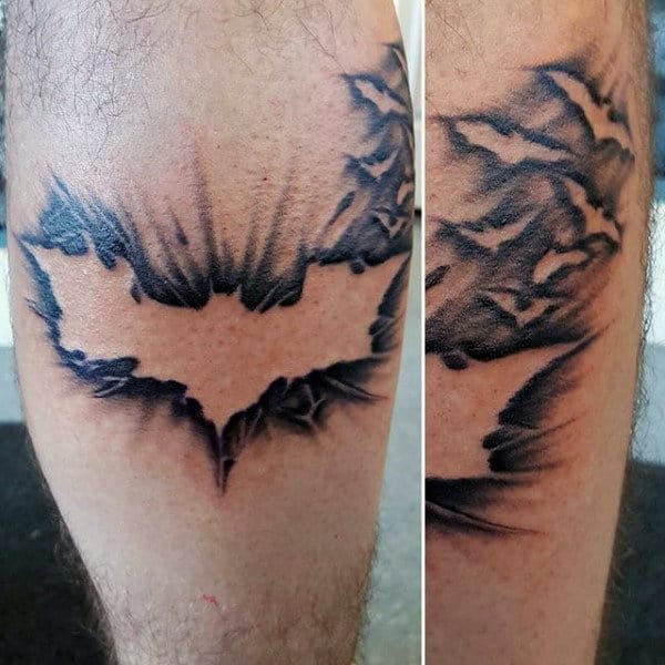 Mens Negative Space Batman Symbol Leg Tattoo