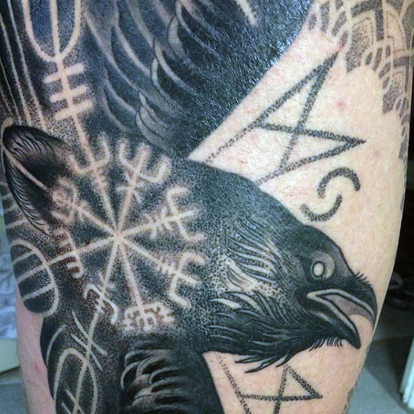 Mens Negative Space Black Crow Rune Tattoos