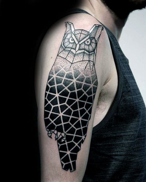 Mens Negative Space Pattern Geometric Owl Arm Tattoo