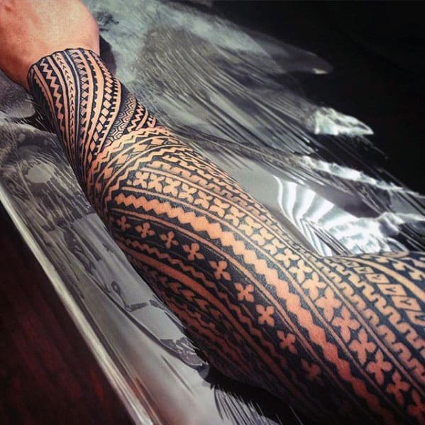 Mens Negative Space Pattern Polynesian Tribal Sleeve Tattoo Ideas