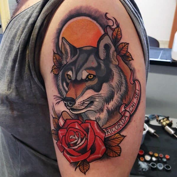 Mens Neo Traditional Wolf Tattoo Ideas