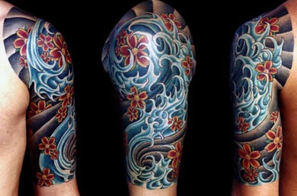 Men's Ocean Half Sleeve Flower Tattoo