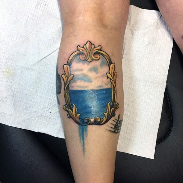 Mens Ocean Water White Sky In Decorative Hold Frame Leg Calf Tattoo