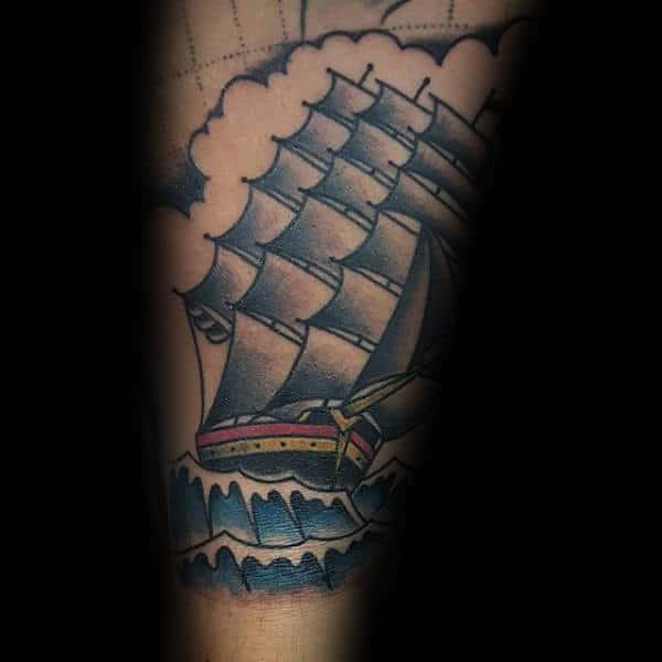 Mens Ocean Waves With Sailing Ship Guys Traditional Arm Tattoos