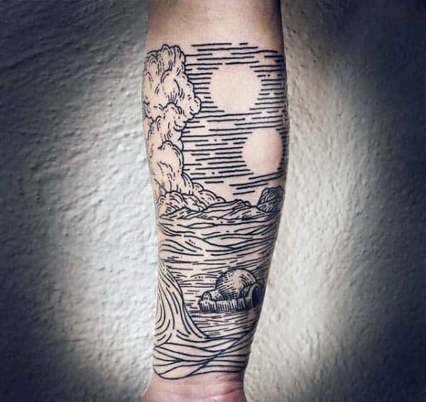 Mens Ocean Waves Woodcut Inner Forearm Sleeve Tattoo