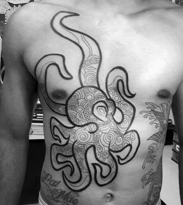 Mens Octopus Pattern Black Ink Outline Chest Tattoos