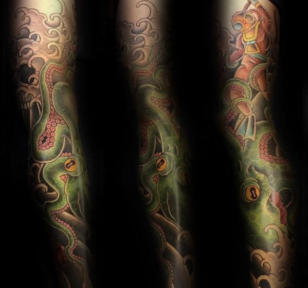 Mens Octopus Sleeve Green Ink Tattoo Designs