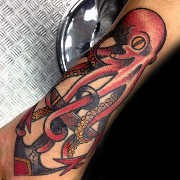 Mens Old School Anchor With Traditional Octopus Forearm Tattoo
