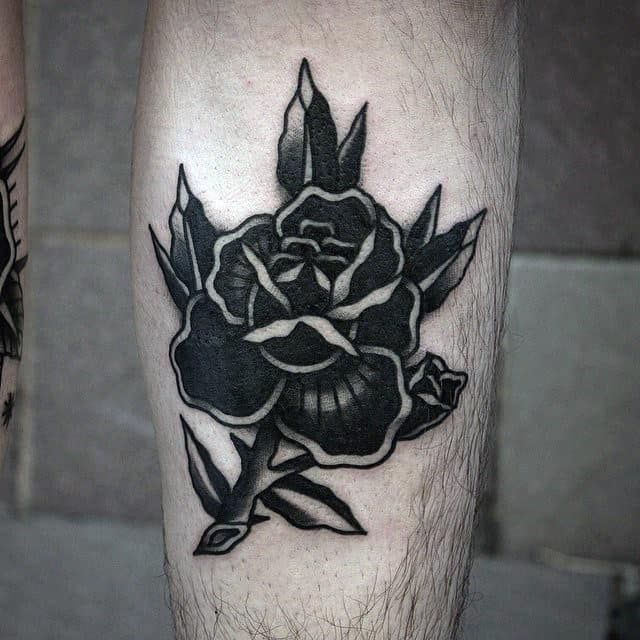 Mens Old School Black Rose Leg Tattoo