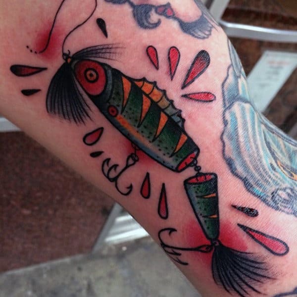 Mens Old School Fish Hook Tattoo On Bicep