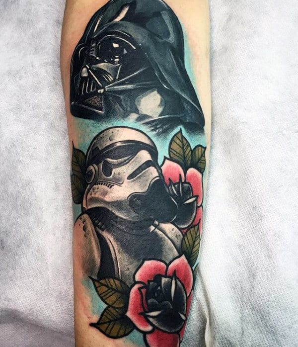 Mens Old School Flowers With Stormtrooper And Darth Vader Forearm Tattoo