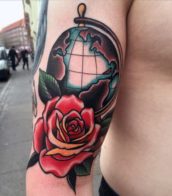 Mens Old School Globe Red Rose Flower Arm Tattoo