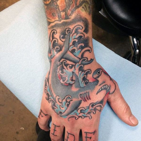 Mens Old School Hammerhead Shark Hand Tattoo Designs