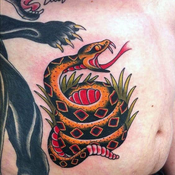 Mens Old School Rattlesnake Stomach Tattoos
