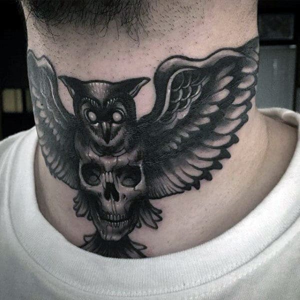 Mens Old School Shaded Black Ink Animal Neck Tattoo Of Owl And Skull