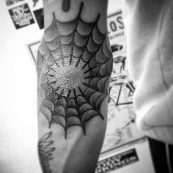 Mens Old School Spider Web Elbow Tattoo With Shaded And Black Ink Design
