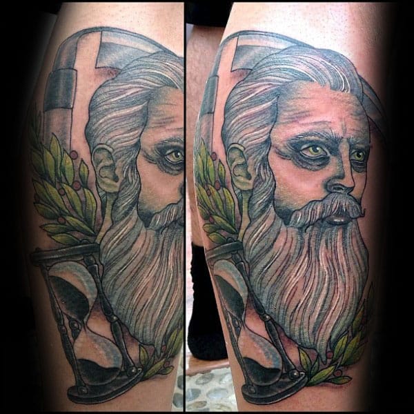 Mens Olive Branch With Beard Man Leg Tattoos