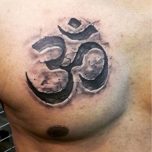 Mens Om Symbol Stone Tattoo On Chest