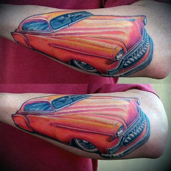 Mens Orange Car Hot Rod Tattoo On Forearms